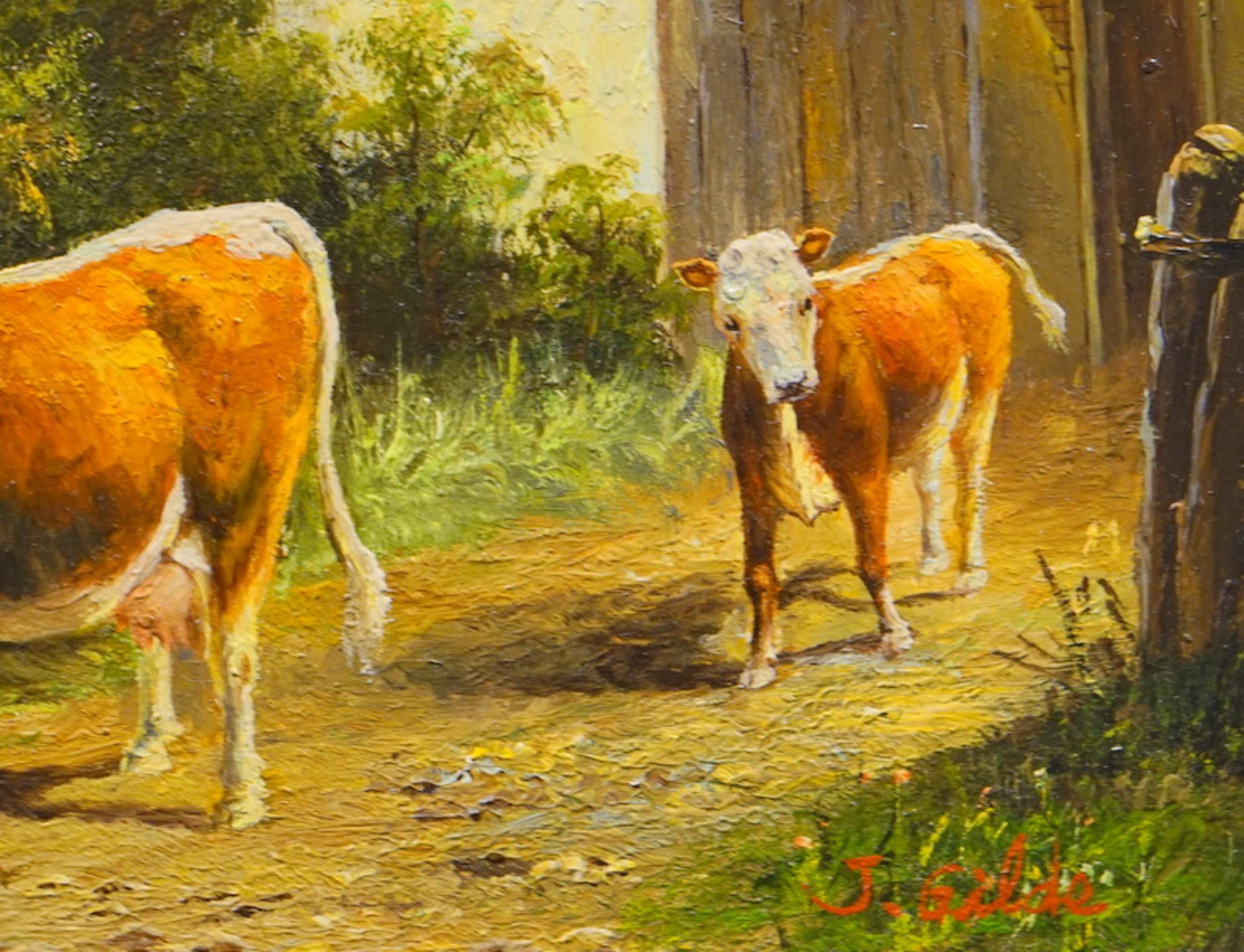 Gilde, J: Kühe am Bachlauf mit Magd und Reethaus - Bild 2 aus 2