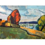 deutscher Maler des 20.Jhd.: Expressionische Flusslandschaft mit Brücke, um 1960