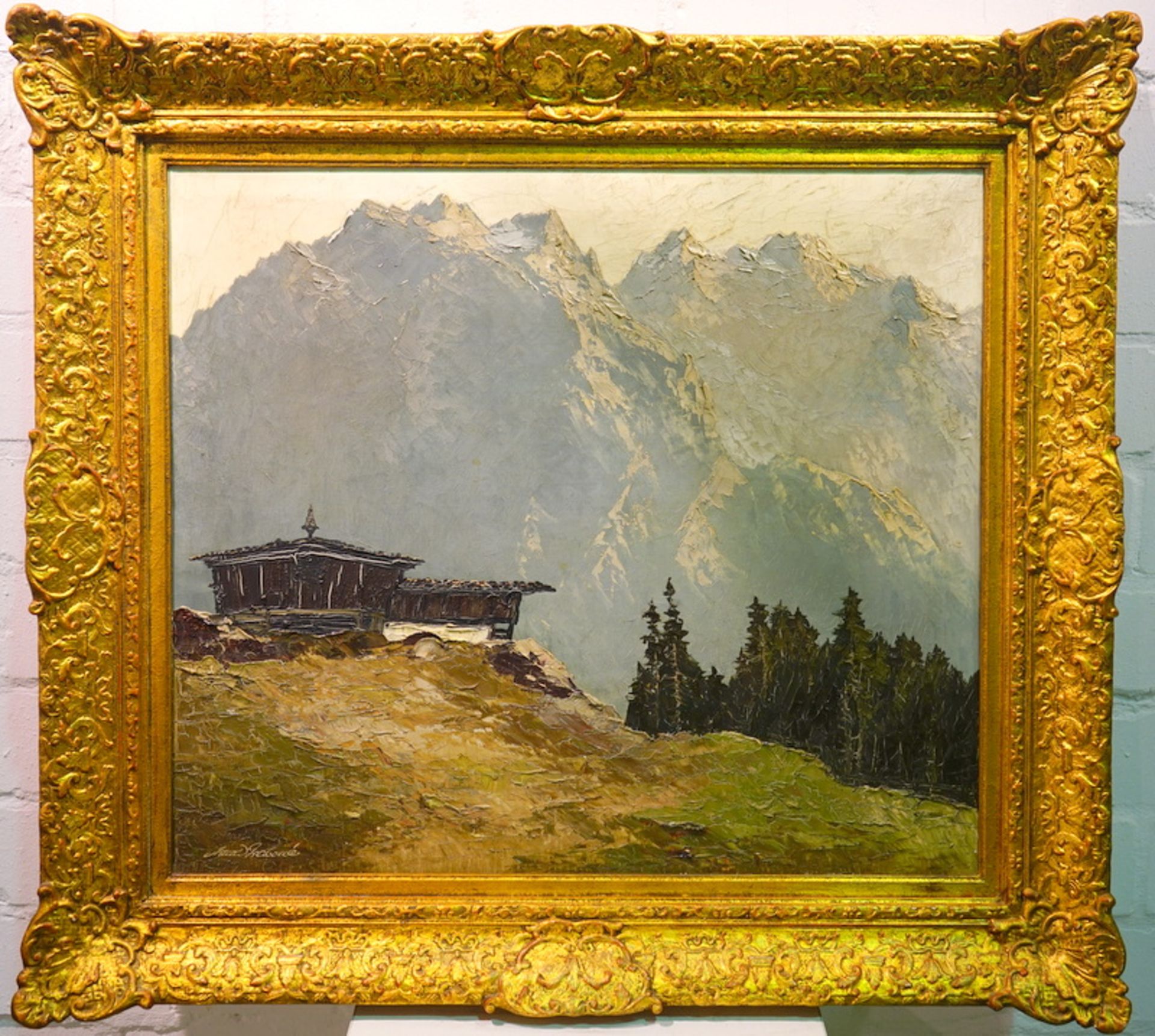 Georg Arnold-Graboné: Alpen mit Berghütte, Öl auf Leinwand