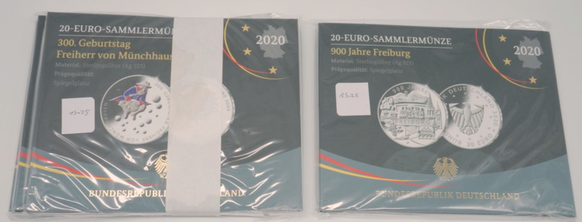 4x 20 Euro-Sammlermünzen, 925er-Sterlingsilber, BRD, 2020, 72 g