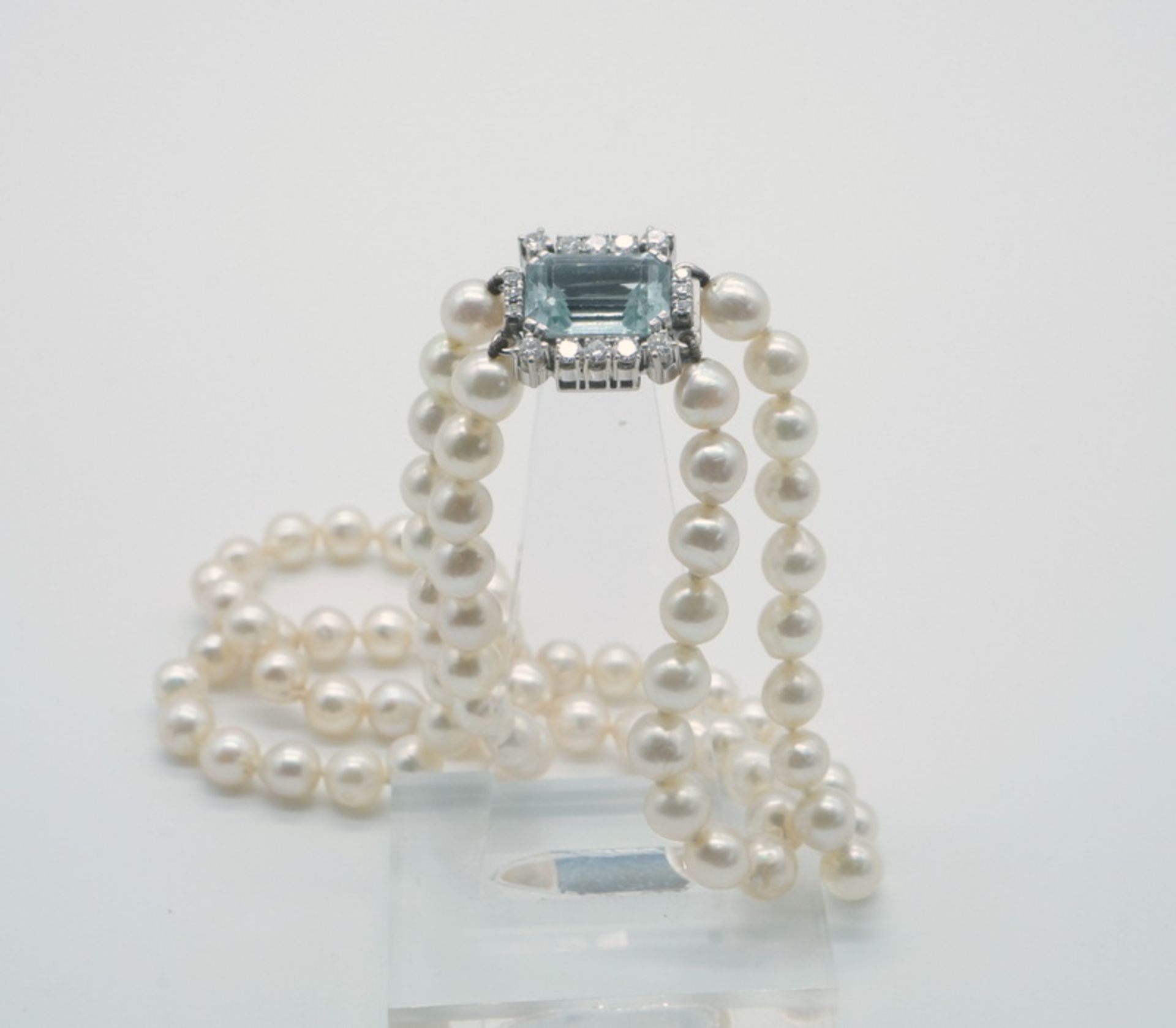 Doppelreihiges Perlencollier mit Schmuckschließe, Aquamarin und Brillanten, 585 WG - Bild 5 aus 5