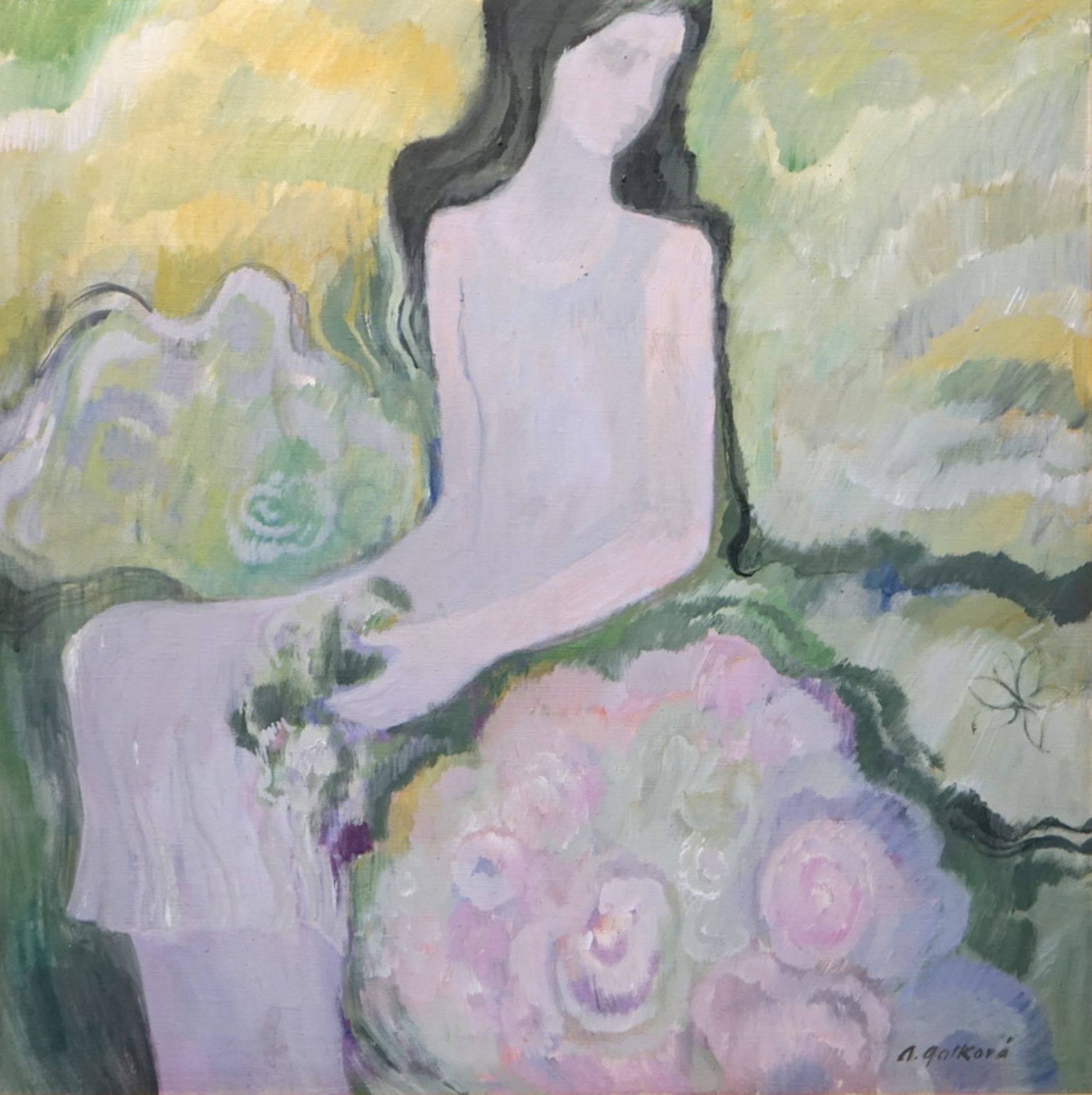 A. Gorkova (russ. Meister): Frau mit Blüten und Flieder