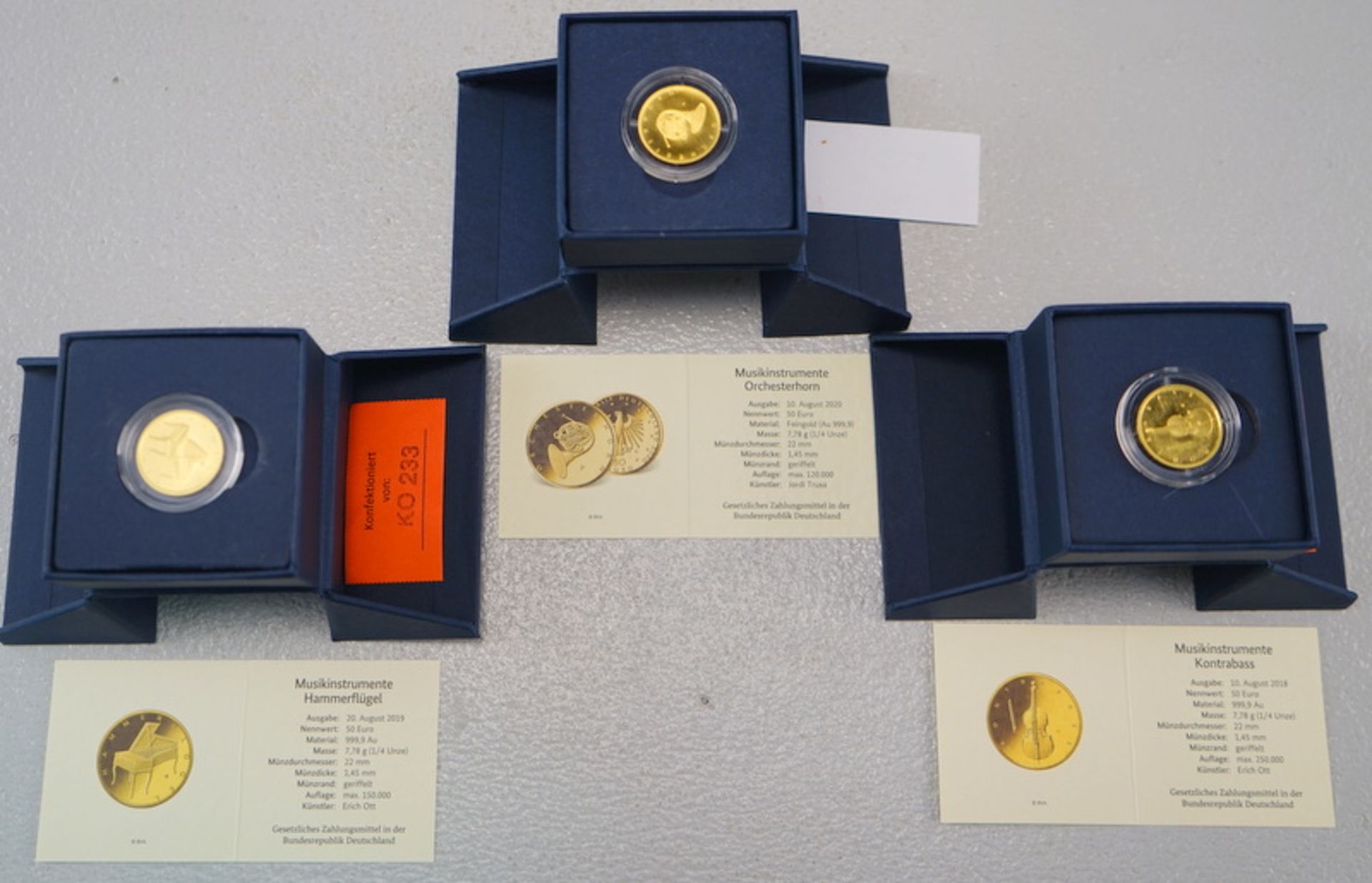 3x 50 Euro-Goldmünze "Musikinstrumente", 999,9, insges. 23,34 g