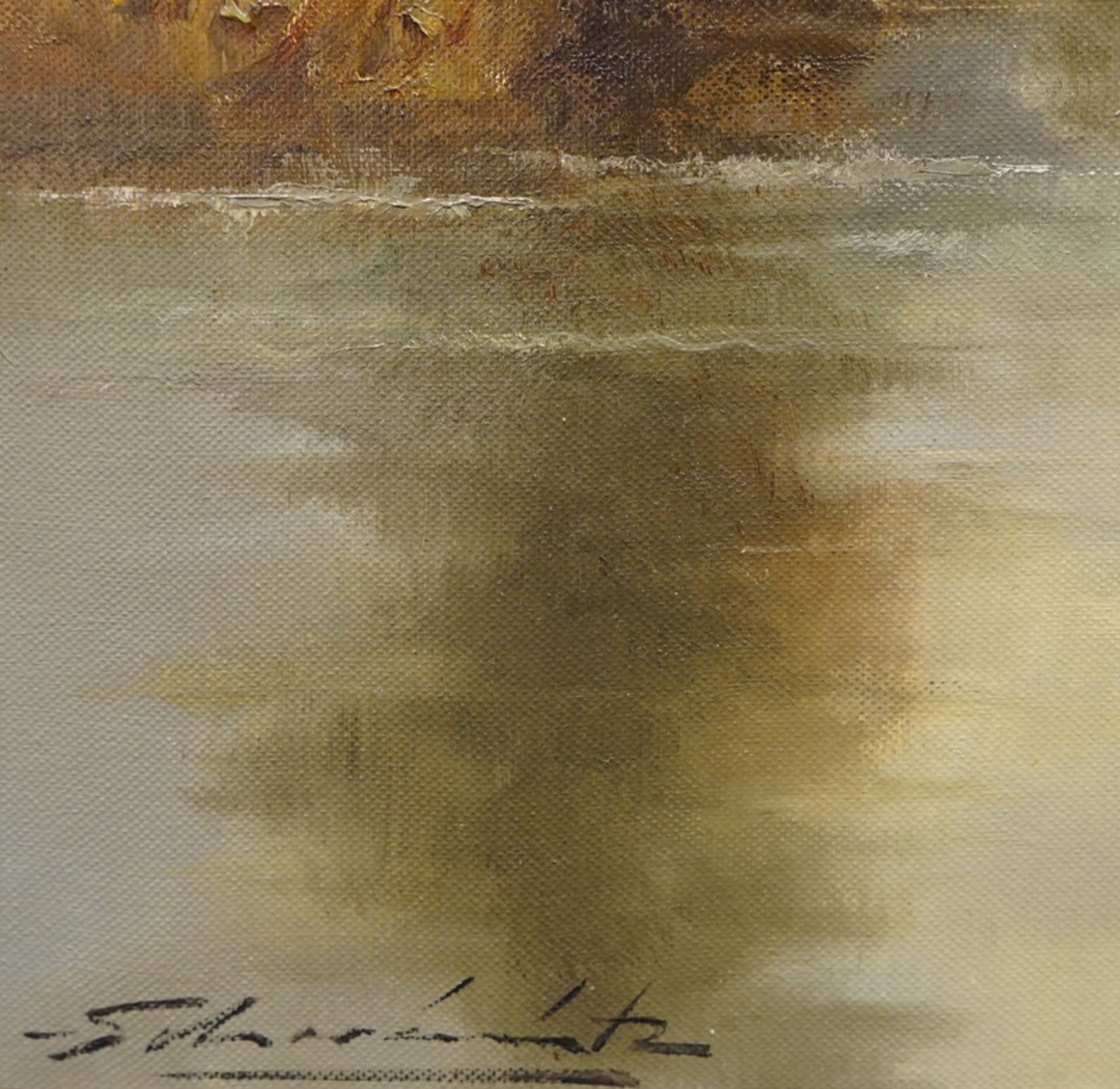 Gemälde "Bauerndorf am Fluss", Öl auf Leinwand, 20. Jhd. - Bild 3 aus 4