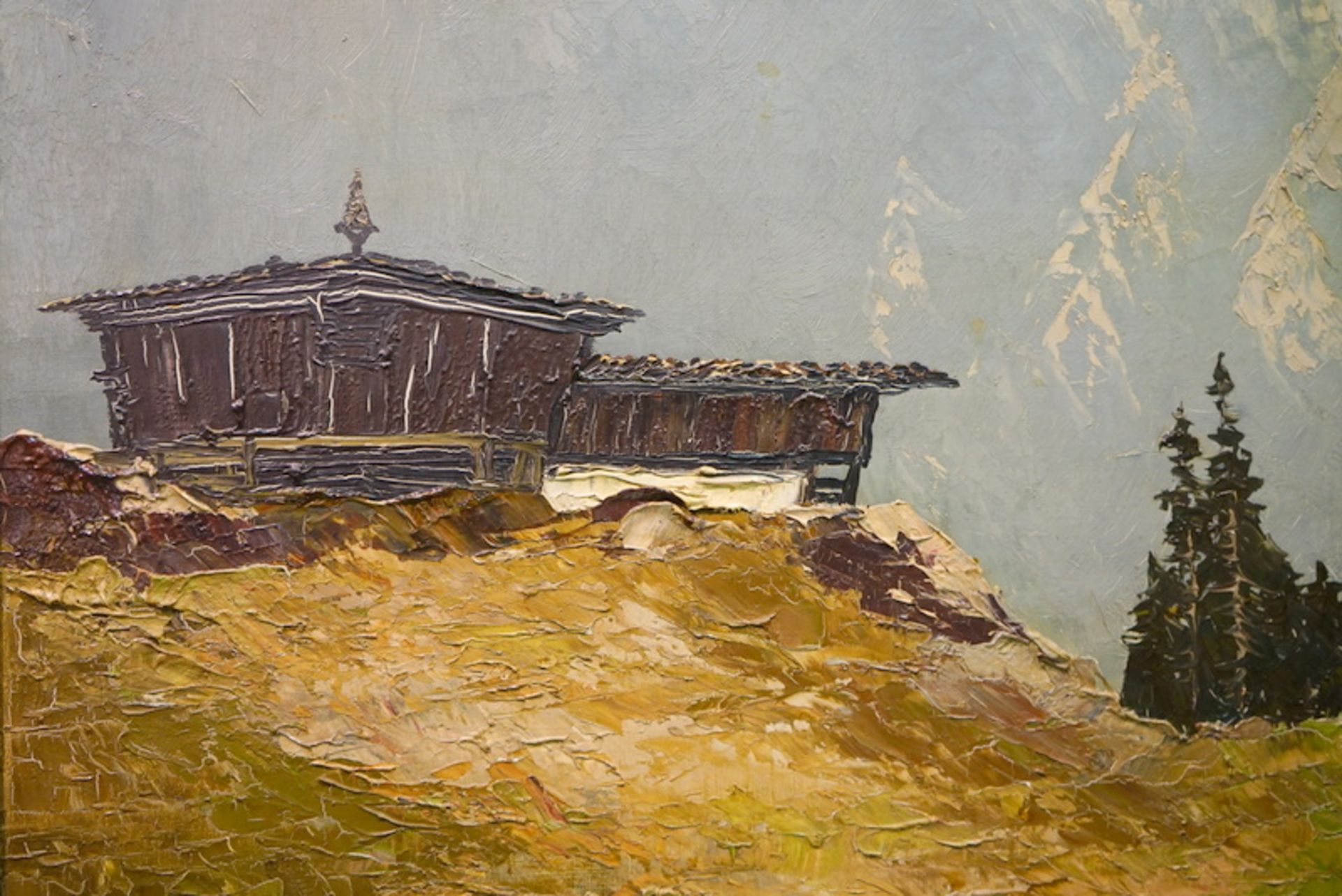 Georg Arnold-Graboné: Alpen mit Berghütte, Öl auf Leinwand - Bild 4 aus 7