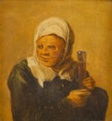 Alte Frau mit Stangenglas, Öl auf Holz, 18. Jhd.