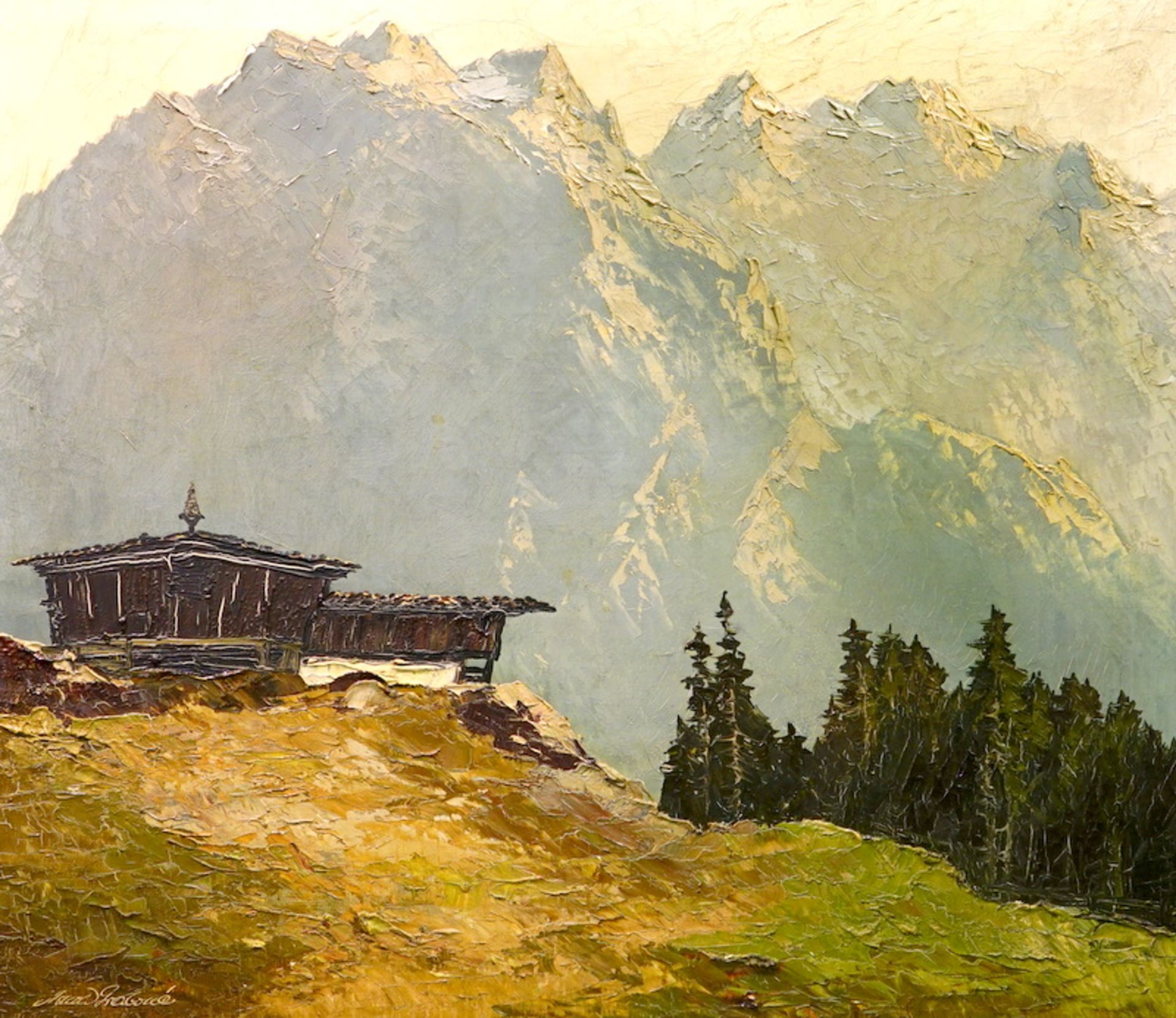 Georg Arnold-Graboné: Alpen mit Berghütte, Öl auf Leinwand - Bild 2 aus 7