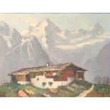 Alpenszenerie mit Berghütte, Öl auf Leinwand, 1989