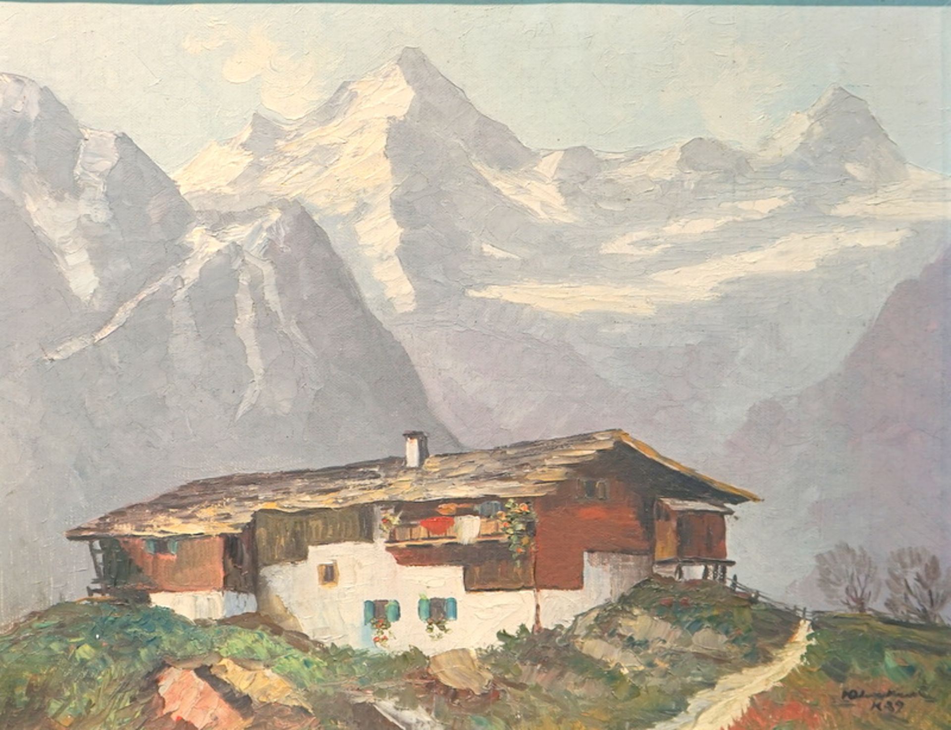 Alpenszenerie mit Berghütte, Öl auf Leinwand, 1989