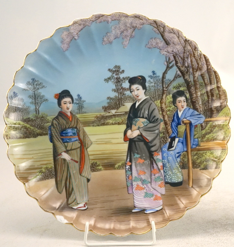 Pärchen Fächerplatten mit Geisha Darstellungen Japan 1 Drittel 20Jh. - Bild 2 aus 5