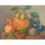 de Bruyn, Cornelis Johannes: Obststillleben mit aufgeschnittener Melone, Plaumen und Mirabellen