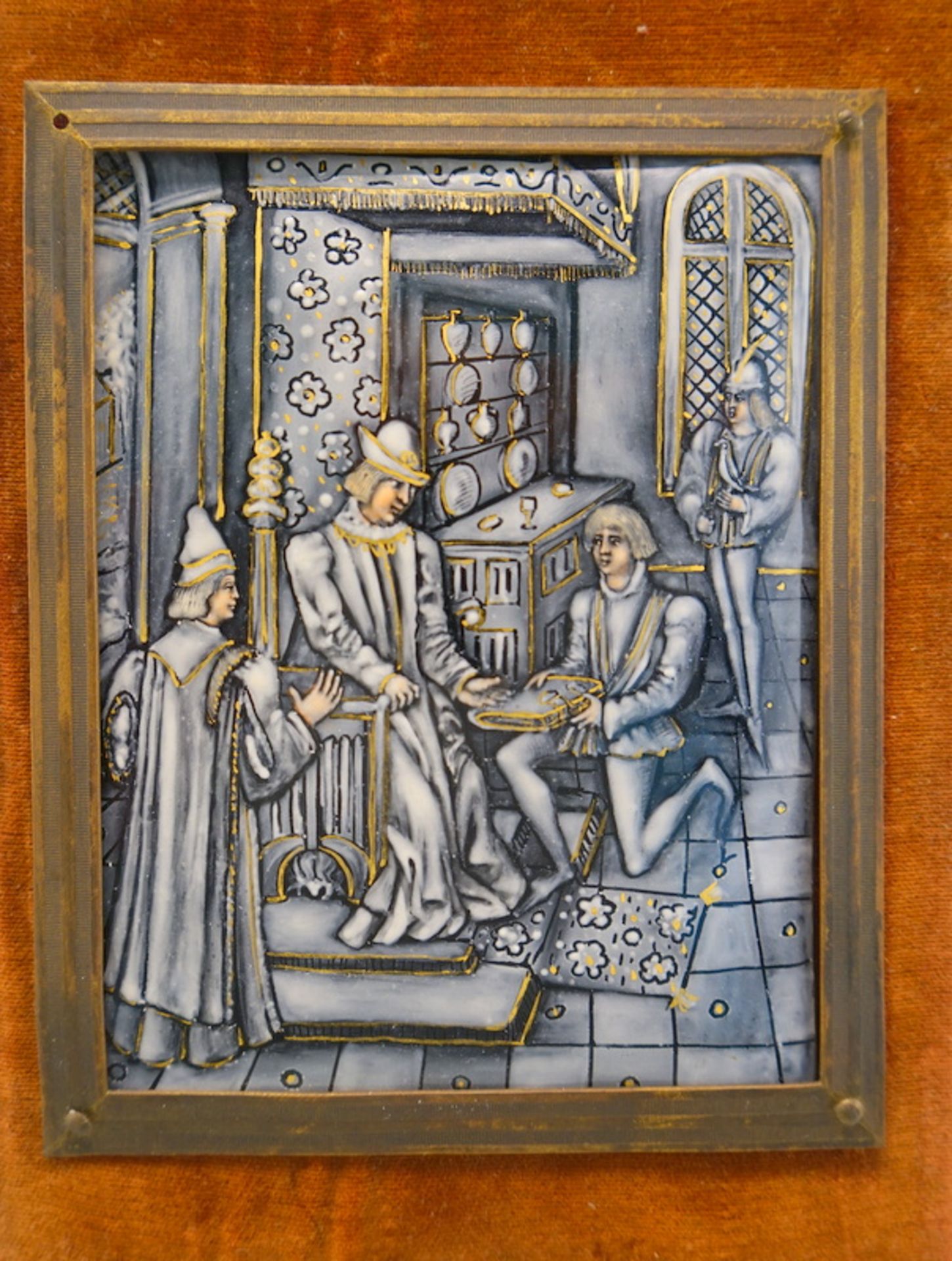 Emailleplakette mit höfischer Szene, Limoges 19. Jhd. - Image 2 of 4