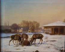 van der Brugghen, Guillaume Ann: Dammwildgehege vor winterlichem Wasserschloss dat. 1861