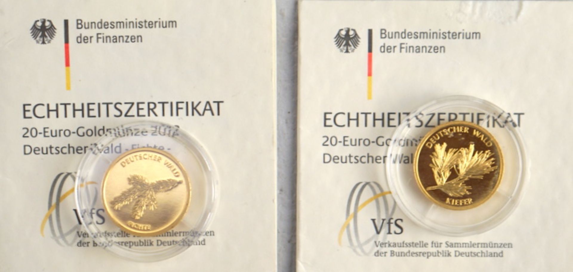 2 Goldmünzen Fichte, 2012, 999,9er, ges. 7,78 g