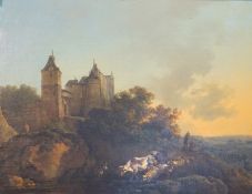 Hilgers, Carl (attr): Viehtrieb mit mittelalterlicher Burg in Abendlandschaft
