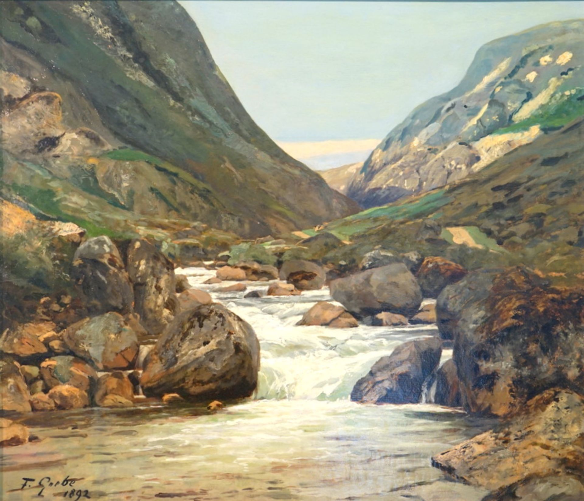 Grebe, Fritz: Norwegische Landschaft mit Bergfluss -Dat. 1892