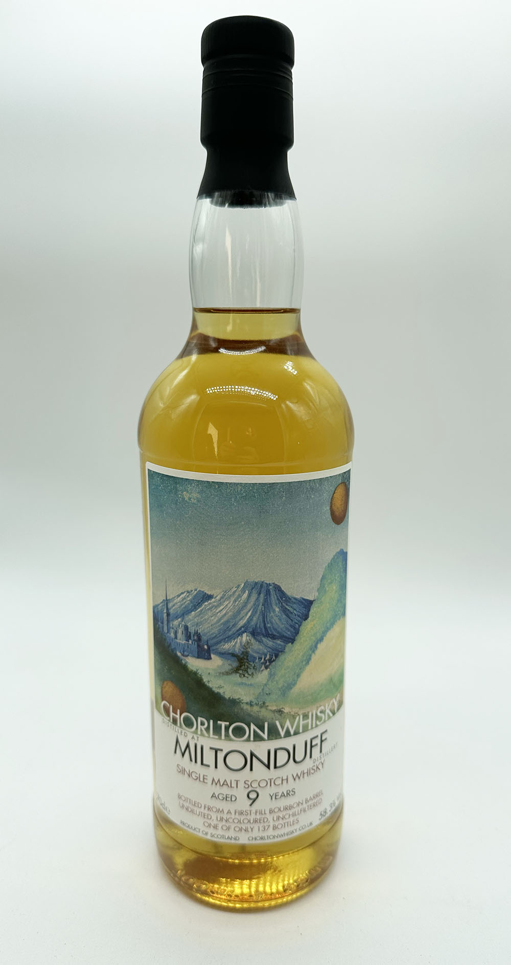 A bottle of Chorlton whisky Miltonduff malt whisky