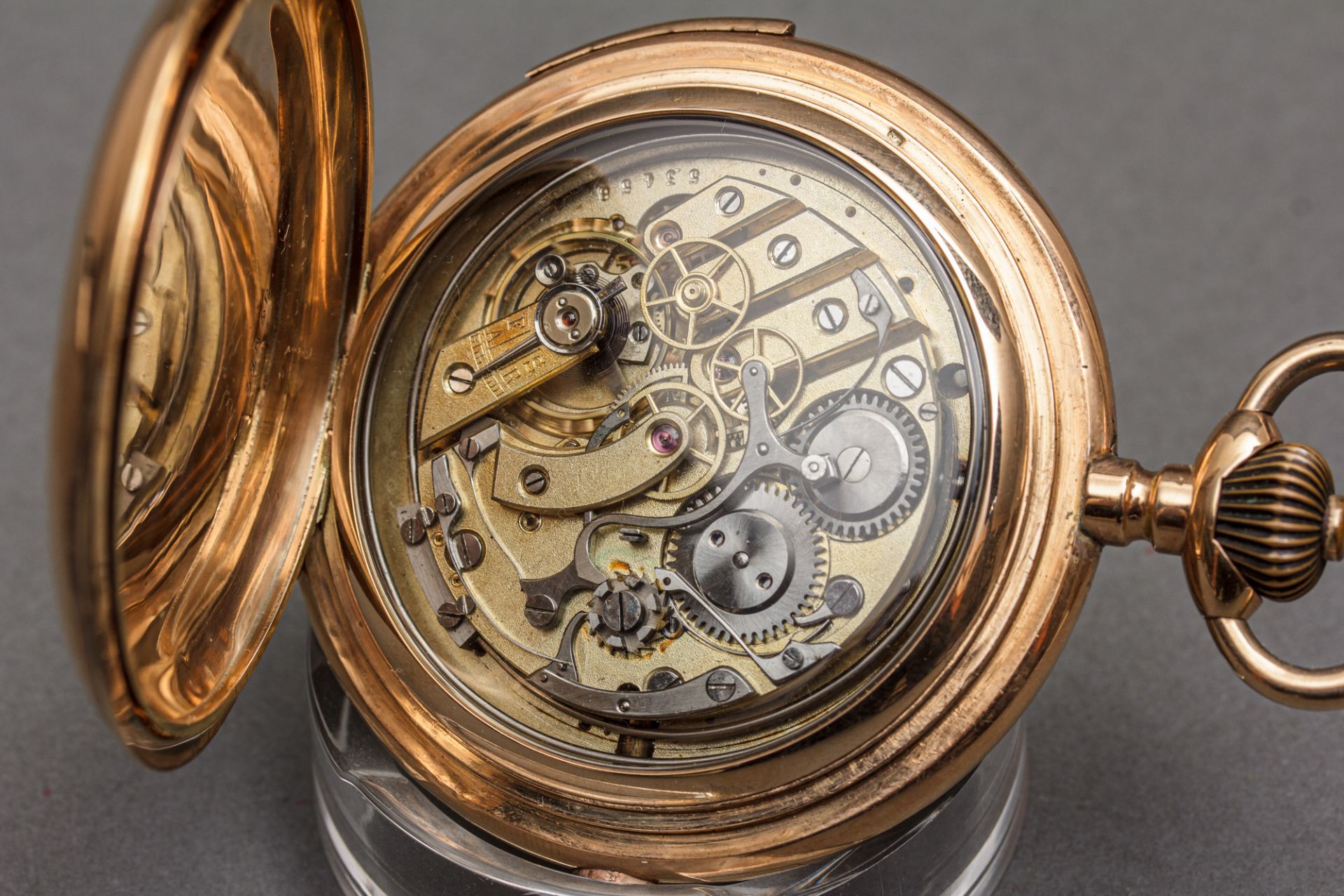 Savonette mit Viertelstundenrepetition und Chronograph, Schweiz, um 1900, 585er RG - Bild 4 aus 5