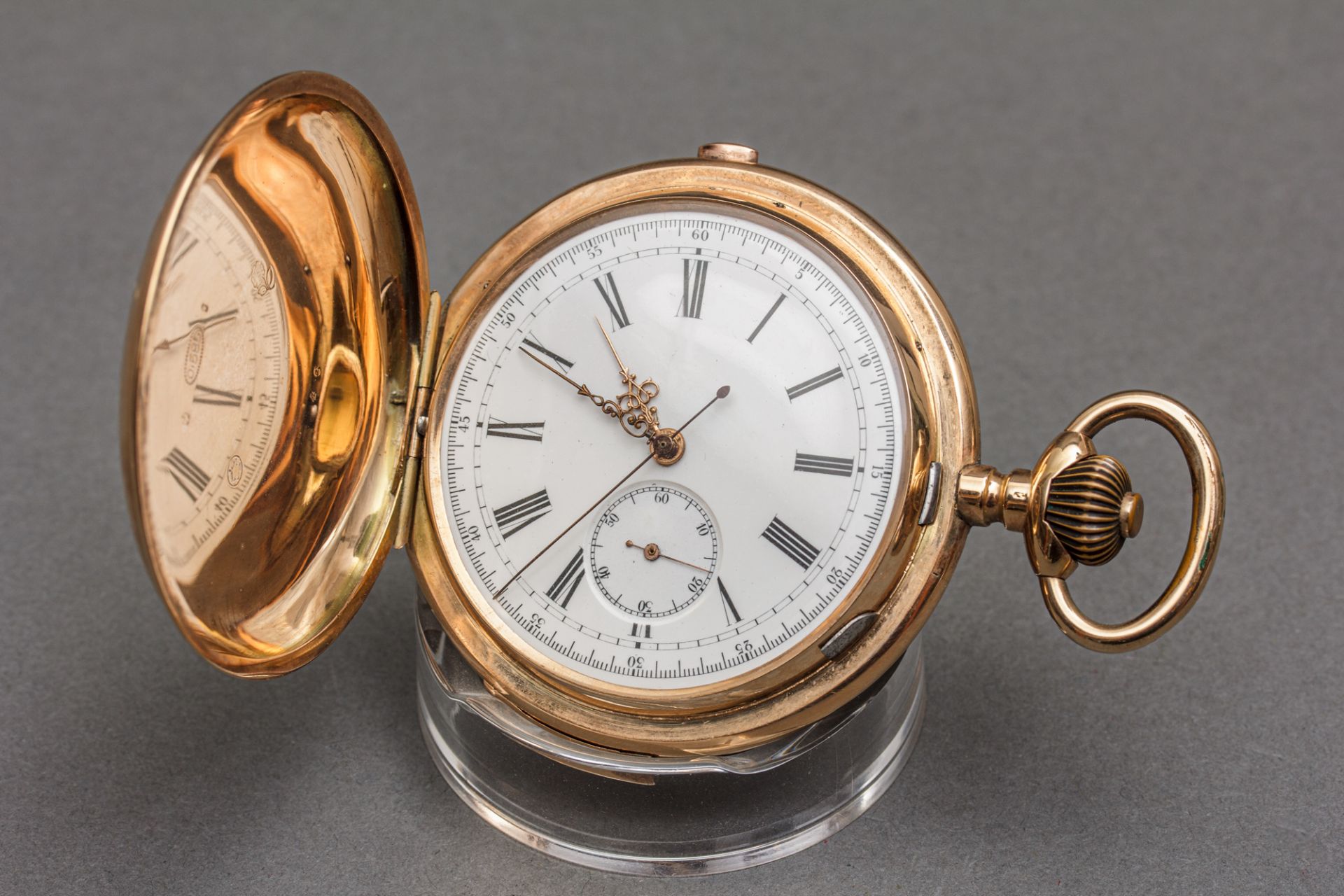 Savonette mit Viertelstundenrepetition und Chronograph, Schweiz, um 1900, 585er RG