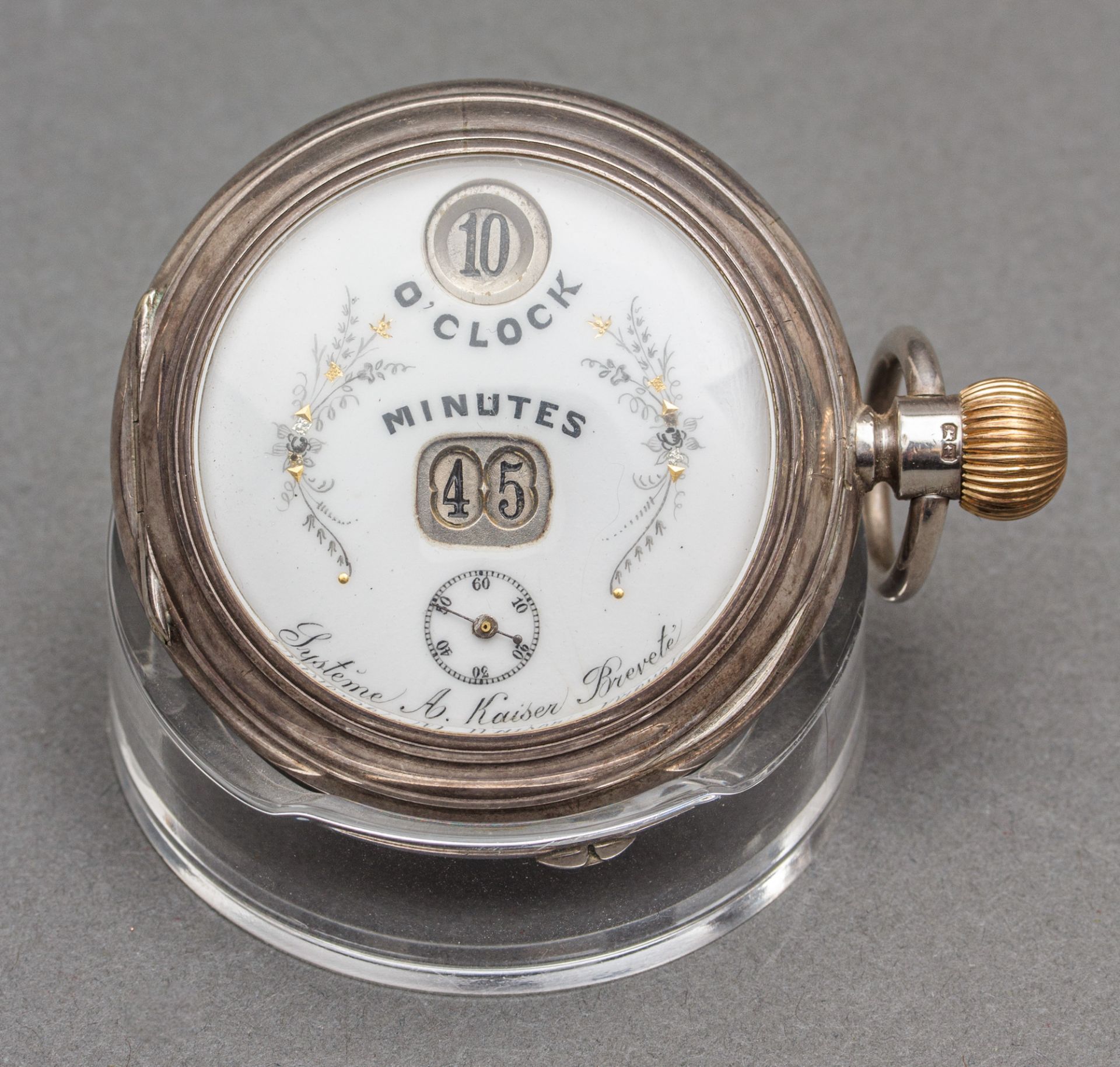 Silbertaschenuhr mit springender Stunde und Minute, Systeme A. Kaiser Brevete, 1897
