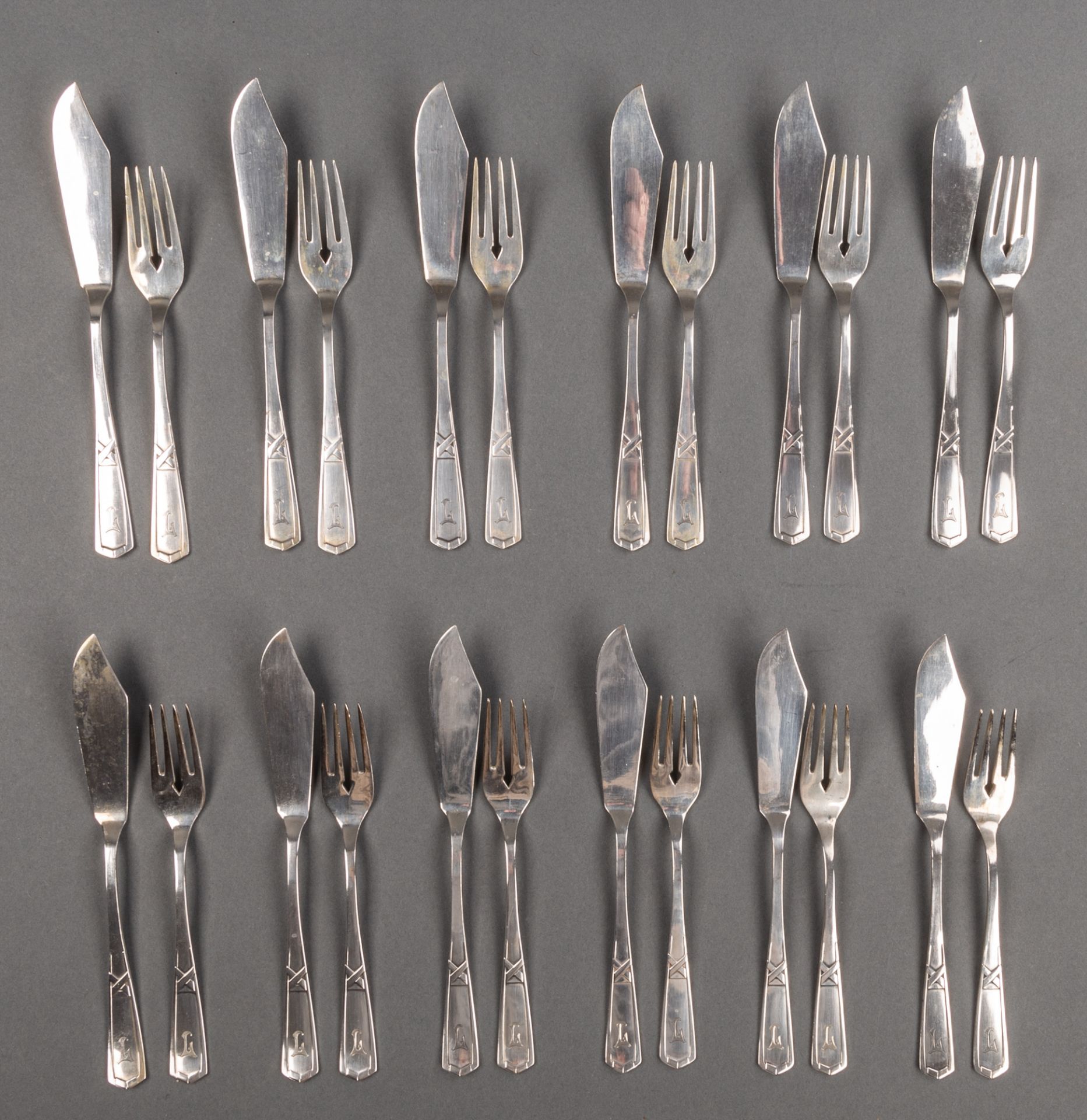 24-teiliges Fischbesteck-Set, Silber, Jugendstil