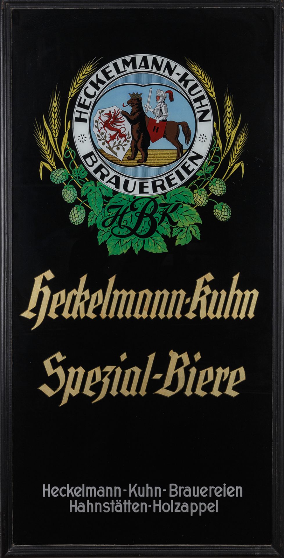 Brauerei-Reklameschild, 'Heckelmann-Kuhn Spezial-Biere', wohl 1930er Jahre