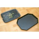 A 19th century Pontypool or Usk rectangular black japanned toleware two handled tray decorated