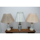 A pair of French faux oil porcelain table lamps, fitted for electricity with rise and fall pleated