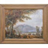 An early 20th century English school landscape of a large country house on a distant hill with