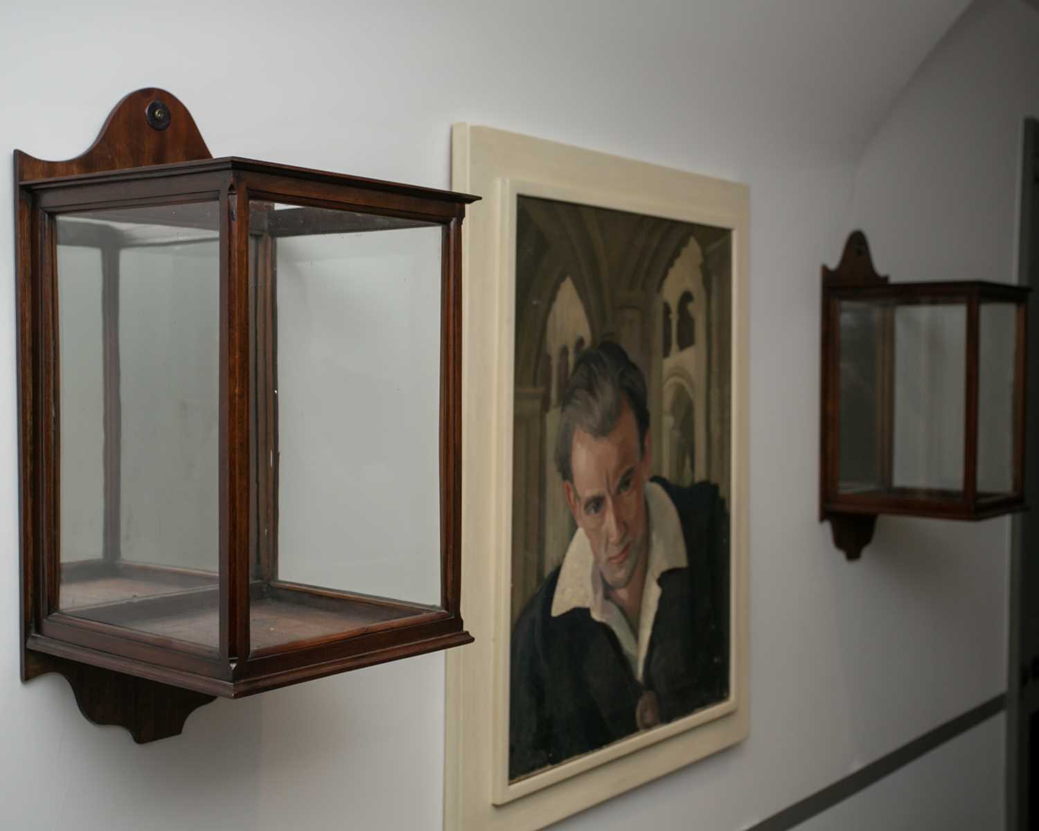 A pair of late Victorian mahogany glazed storm lamp holders or wall lanterns, with shaped - Image 2 of 6