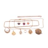 A small collection of jewellery, comprising a 9ct gold and amethyst ring, a 9t gold and coral