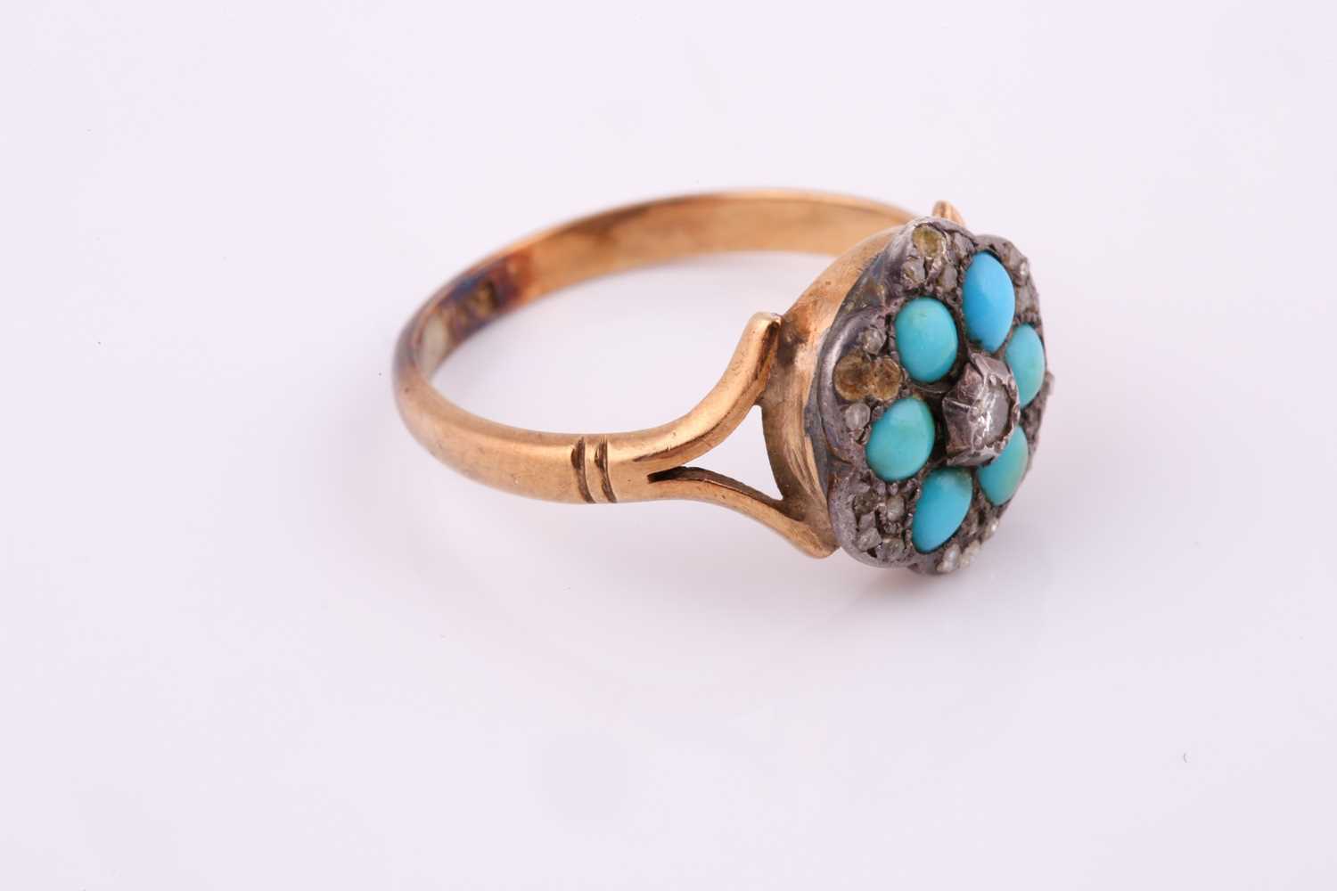 A late 19th century turquoise and diamond flower head ring, the central diamond surounded by six - Image 3 of 3