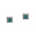 A pair of emerald and diamond stud earrings, set with square-cut emeralds weighing 2.68ct surrounded