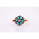 A late 19th century turquoise and diamond flower head ring, the central diamond surounded by six