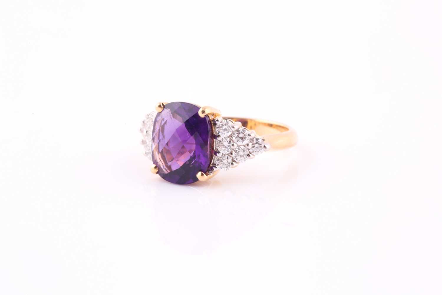 An amethyst and diamond ring, the faceted cushion shape amethyst with six round brilliant cut - Image 4 of 4