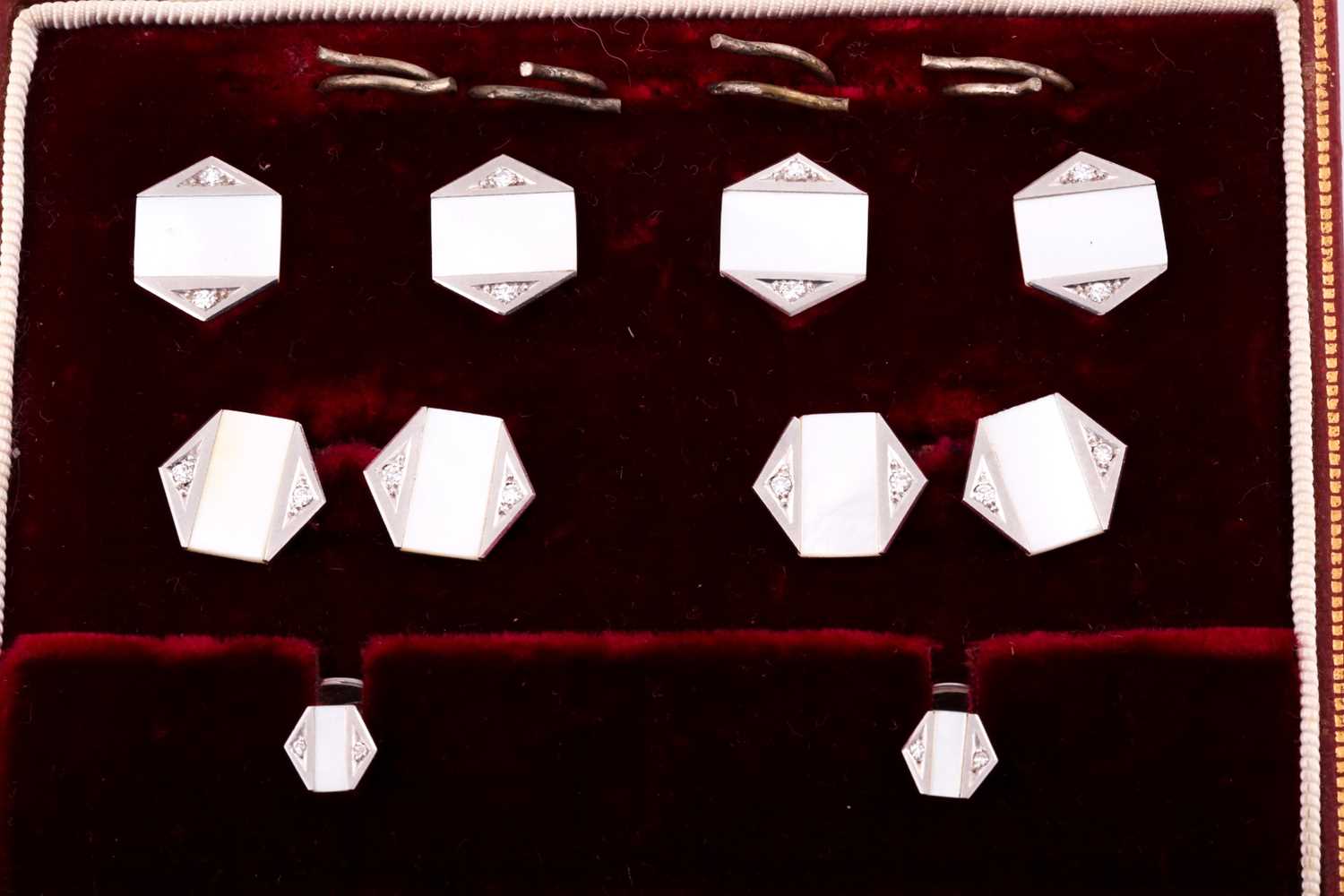 A beautifully presented Garrard and Co suite of cufflinks and shirts studs inlaid with Mother of - Image 2 of 4