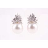 A pair of South Sea pearl and diamond earrings, 13.5mm diameter pearls with marquise and round