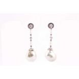 A pair of drop pearl earrings, set with round brilliant cut diamonds, small round pearls and baroque