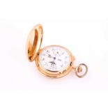 An 18ct gold cased minute repeater chronograph double hunter pocket watch, the white enamel dial