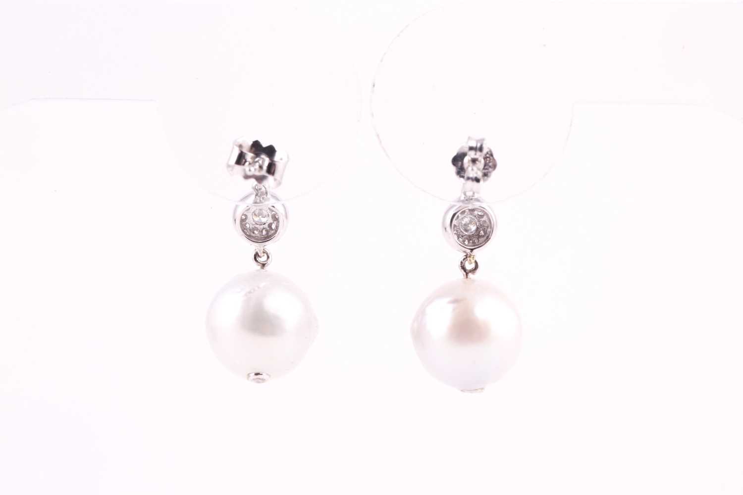 A pair of diamond and pearl drop earrings, set with South Sea pearls, approximately 10.5 mm - Image 2 of 2