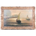20th-century school, coastal landscape with boats, oil on canvas, indistinctly signed and dated