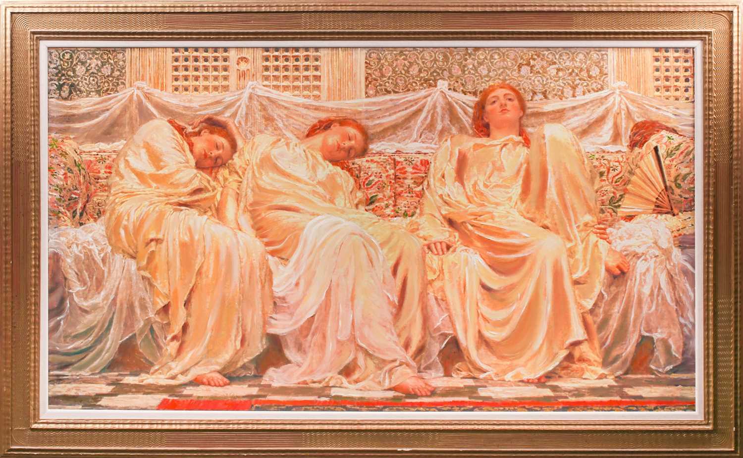 After Albert Joseph Moore, 'The Dreamers', a contemporary oleograph on canvas, 72 cm x 128 cm in a
