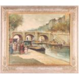 20th century Continental school, figures beside a river, possibly Paris, oil on canvas, signed 'V