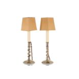 A pair of early 18th-century style silvered metal candlestick table lamps, 20th century, with "