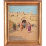 Percy Robert Craft (1856-1934), figures before a gate inside Jerusalem, signed, oil on canvas, 49