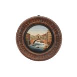 A 19th century Grant Tour circular micro mosaic view of The Rialto Bridge, Venice, in a carved oak