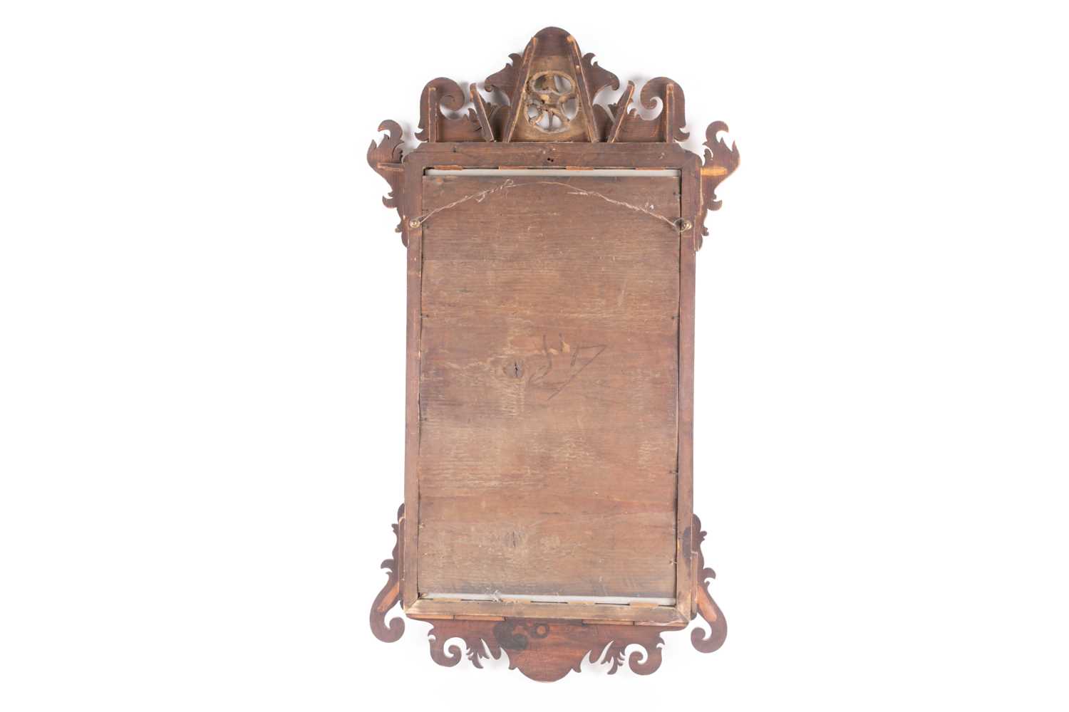 A George III mahogany scroll framed wall mirror, with carved pierced and gilt "HoHo" bird - Image 3 of 3