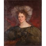 19th century Continental school, a head and shoulders portrait of a woman, wearing a green dress and