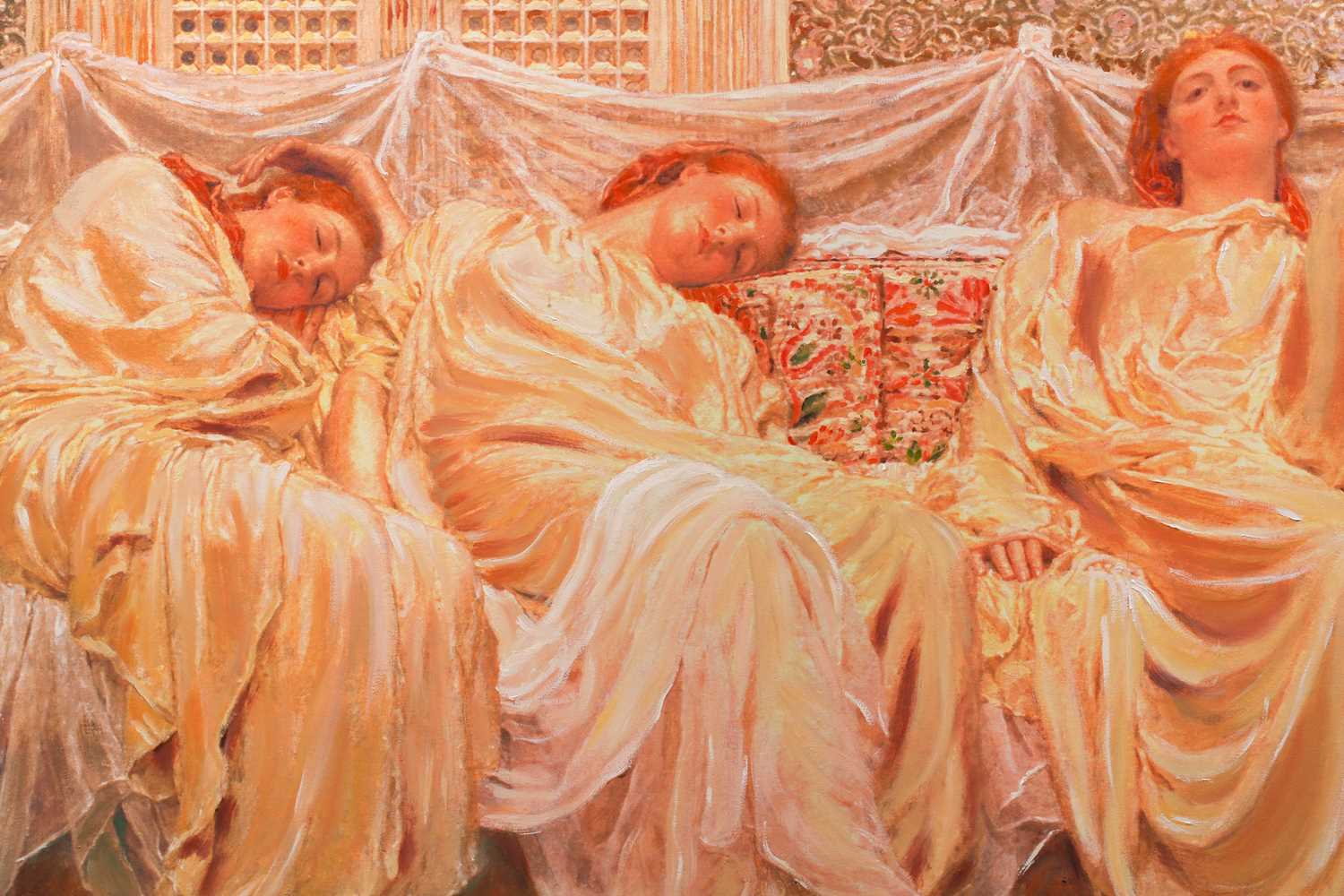 After Albert Joseph Moore, 'The Dreamers', a contemporary oleograph on canvas, 72 cm x 128 cm in a - Image 2 of 3