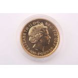 Queen Elizabeth II; a 2012 gold 1oz Britannia, 100 Pounds, struck in .9999 gold, with obverse